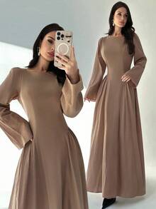 Firerie Váy cotton nguyên chất màu nâu, dáng chữ A, cổ thuyền, eo thắt, tay loe, đơn giản, phong cách đường phố, thời trang thu đông dành cho nữ - màu nâu - Xem 9