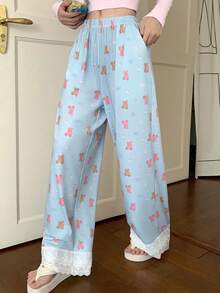 DAZY Pantalones de pijama holgados con estampado de oso en patchwork para mujer
