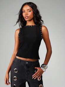 MISSGUIDED Black Ribbed Knit Tank Top With Metal Eyelet Trim Detail For Casual Everyday Wear - Black - View 1