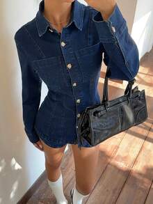 Siren Gaze 女士秋季长袖单排扣口袋牛仔衬衫和牛仔短裤休闲套装 - 深色水洗藍 - 查看 8