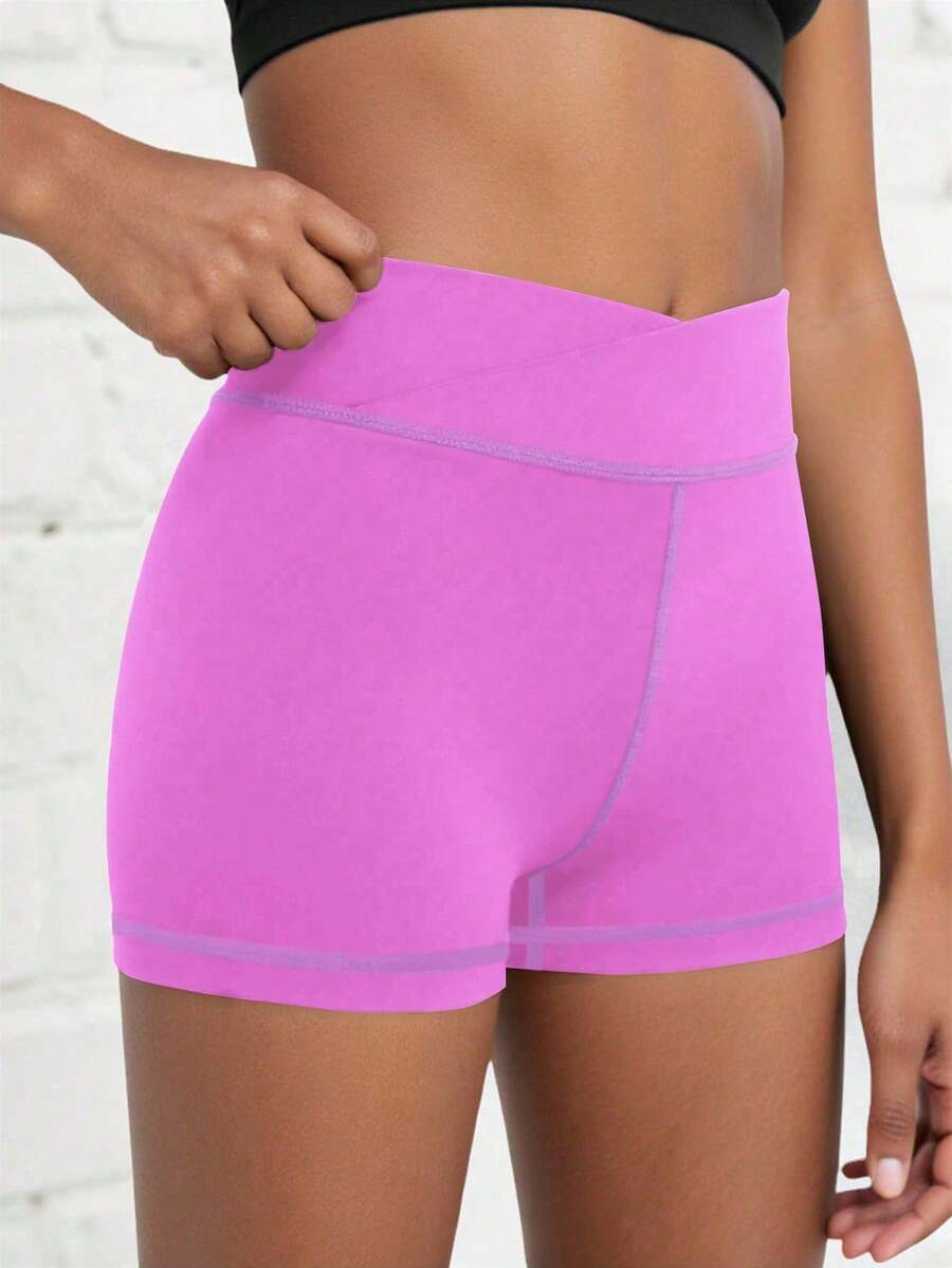 SHEIN 青少年女孩运动服纯色休闲简约交叉腰短裤，高弹性紧身版型，四向拉伸，适合骑行、跑步、训练 - 紫色 - 查看 1