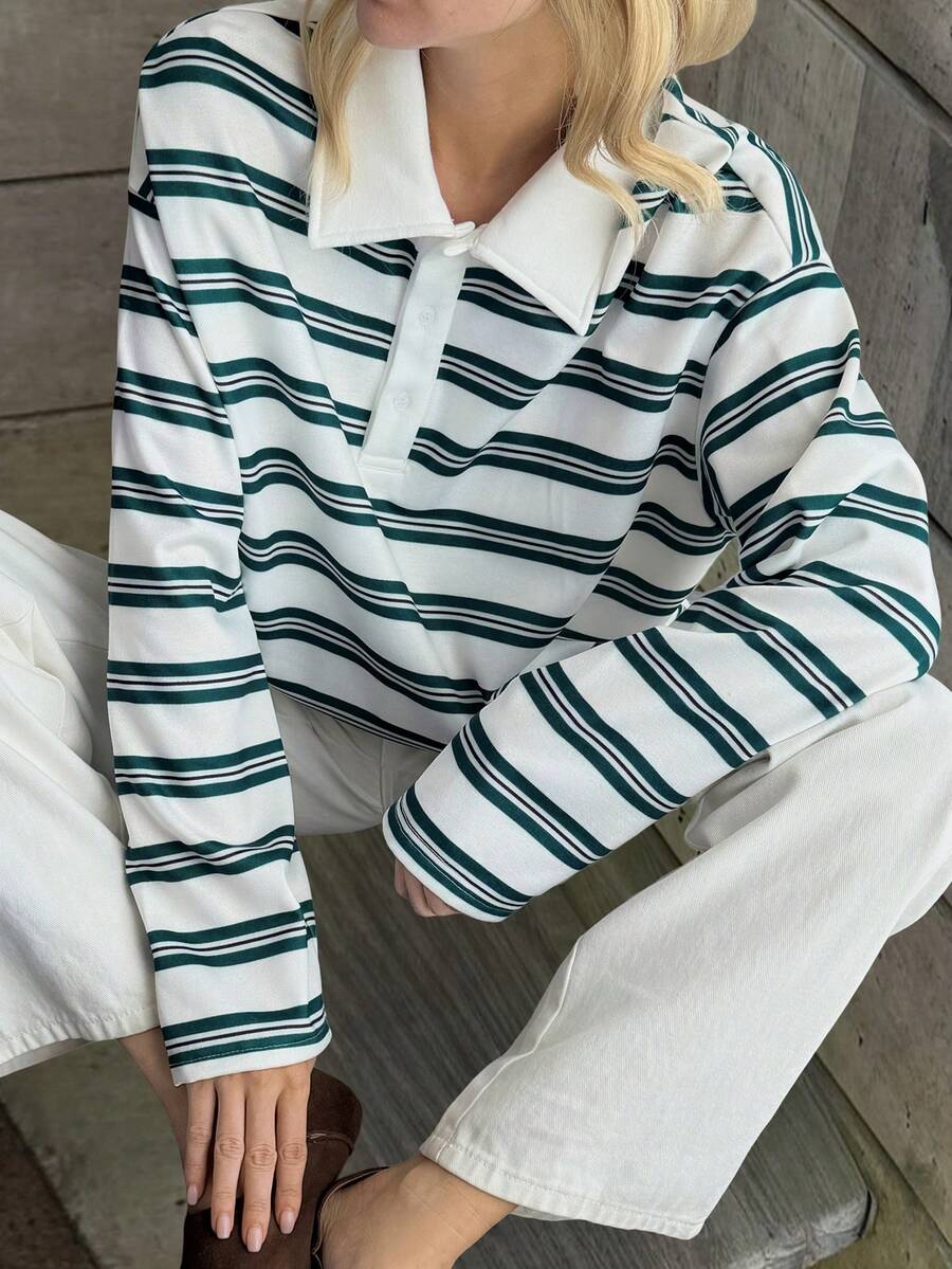 Livesso Áo nỉ cài nút vai trễ sọc thường ngày dành cho nữ, mùa thu - màu xanh lá - Xem 1