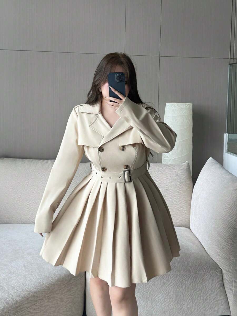 Vibekara Fall/Winter Casual V-Neck Short Windbreaker Dress, Long Sleeve Waist Cinched Vintage Pocket Stylish Outerwear Dress