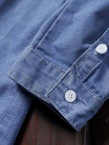 Manfinity Homme Casual Men Plain Medium Wash Denim Long Sleeve Shirt With Collar And Pocket Regular Fit Denim Top Elastic Cotton Denim Shirt, Fall - Medium Wash - View 5