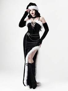 ROMWE Goth 哥特式天鹅绒拼布人造毛皮高开叉紧身连衣裙 - 黑色 - 查看 7