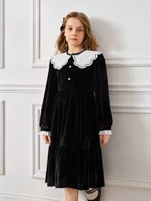 优雅简约长袖白色蕾丝边女童连衣裙 - 黑色 - 查看 5