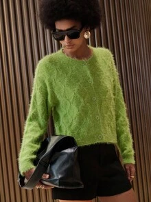 Lumivelle Damen grüne Rautenmuster Loose Cardigan, kurzer Stil, Langarm, Herbst/Winter - Grün - Übersicht 5