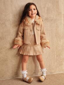 SHEIN 少女卡其色时尚搭配亲子装秋冬新款格纹毛领长袖上衣+百褶裙两件套 - 卡其色 - 查看 1