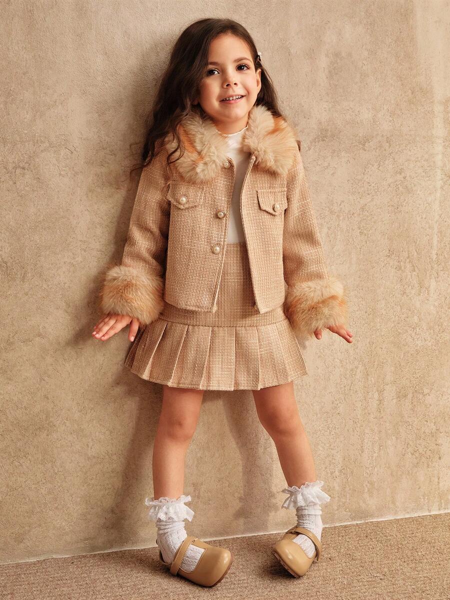SHEIN 少女卡其色时尚搭配亲子装秋冬新款格纹毛领长袖上衣+百褶裙两件套 - 卡其色 - 查看 1