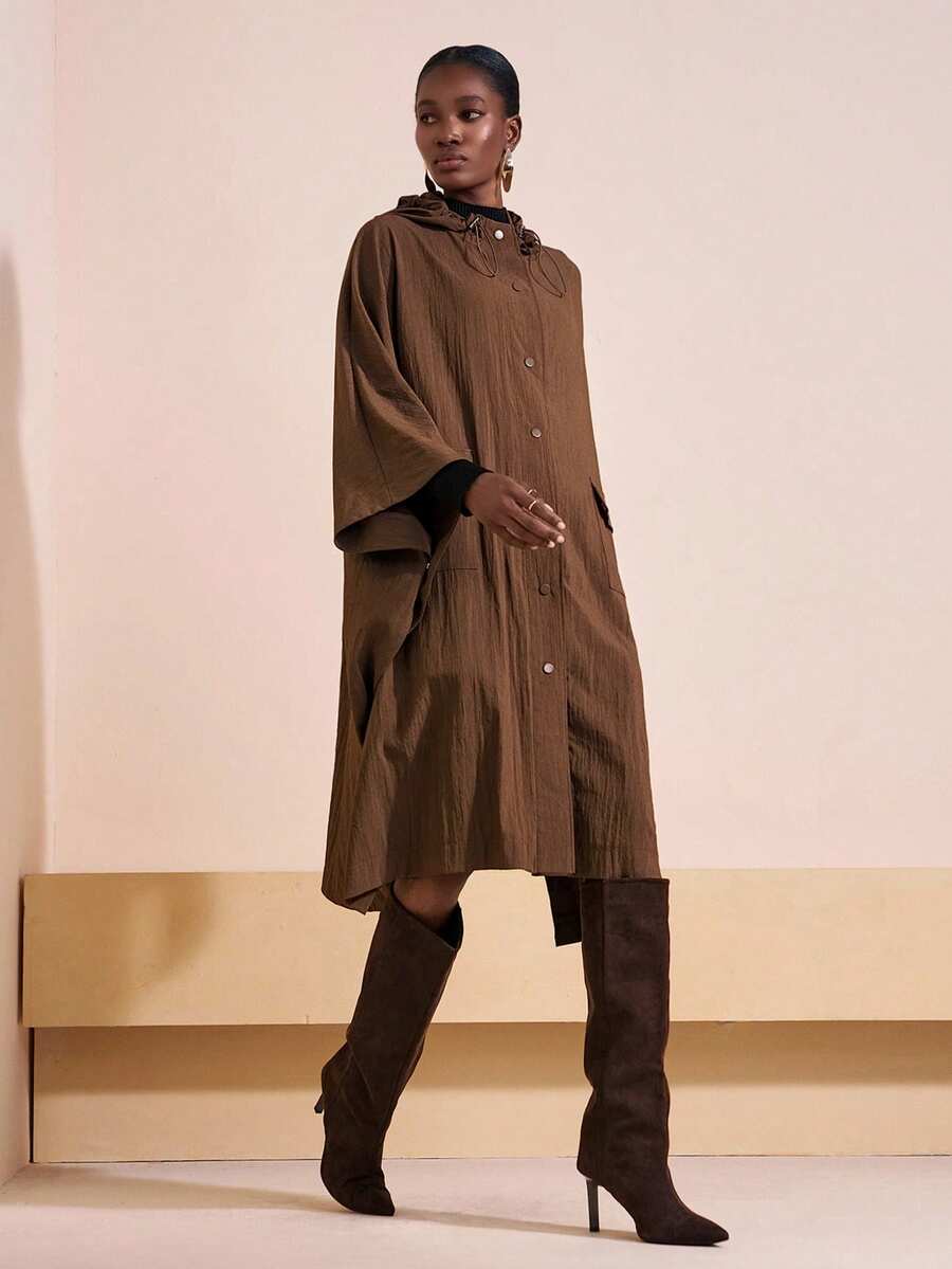 Zivah 2025秋季新音乐节、复活节、圣帕特里克节、西部风、游牧风、生日派对、毕业典礼、学院风、学生装、日常休闲、百搭、休闲、邮轮旅行、海滩、日光浴、爆款、街头风、婚礼宾客波西米亚风、通勤、早午餐、机场、派对、节日外套、带帽斗篷式长袖棕色长款外套，配有大口袋，轻便舒适，适合女性圣诞节、女性感恩节等场合。 - 棕色 - 查看 1