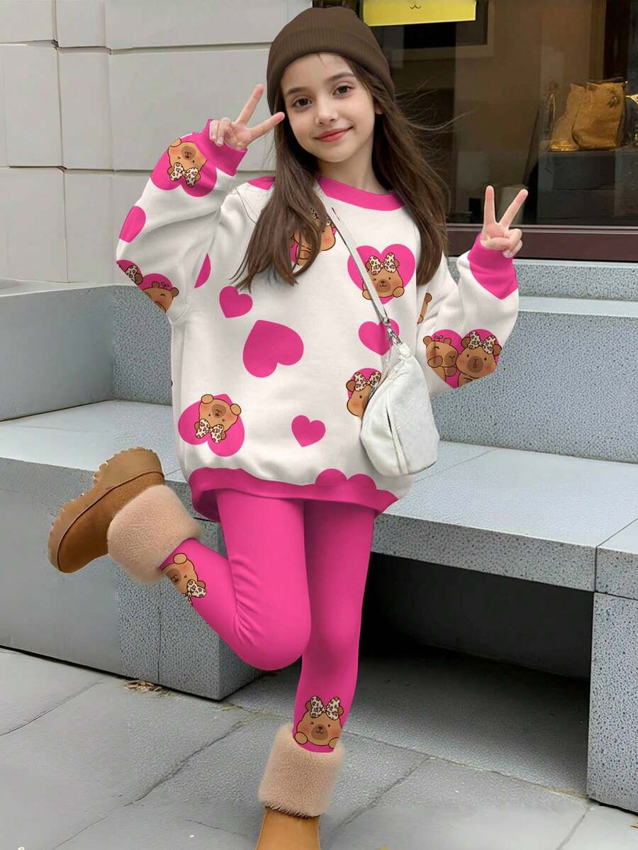 SHEIN Bộ 2 món/Bộ áo nỉ dài tay cổ tròn thoải mái và quần legging cho bé gái tuổi teen, phù hợp cho mùa thu/đông - Nhiều màu - Xem 1