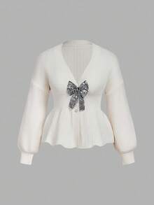 SHEIN MOD Plus Size Apricot Sequin Bow Decor Ribbed Cardigan, Fashion Theme Park/Winter - Apricot - View 3