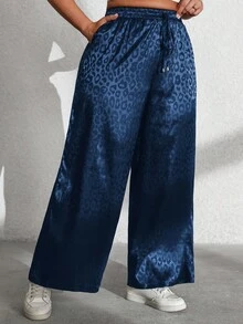 EMERY ROSE 大码女式抽绳腰豹纹阔腿宽松裤 - 藏蓝色 - 查看 5