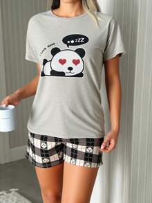 EURMUSE 棉质卡通熊猫和口号图案短袖衬衫和短裤家居睡衣套装 - 淺灰色 - 查看 1