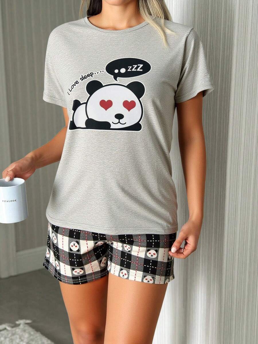 EURMUSE 棉质卡通熊猫和口号图案短袖衬衫和短裤家居睡衣套装 - 淺灰色 - 查看 1