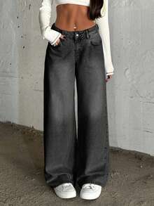 SHEIN Cottnline LOW RISE WIDELEG LIGHT BLUE PINKY JEAN - Dark Grey - View 6