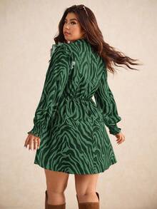 Elaquor Plus Size Colorblock Print Long Sleeve Dress/Fall/Winter Plus Size Shirt Dress - Dark Green - View 2