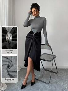 Modelyn Women's Color Block Elastic Fitted Waist Pleated Long Dress, Elegant High Neck Long Sleeve Asymmetrical Hem Dress - Black - View 8