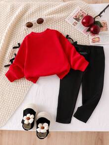 2pcs Baby Girls Casual Bow Print Long Sleeve Sweatshirt And Knit Leggings Set, Cute And Fashionable For Autumn Red And Black Outfit Toddler Girl Toddler Girl Sets Winter Kids Winter Clothes Baby Girls Sets Baby Girl Full Sleeve With Pant
