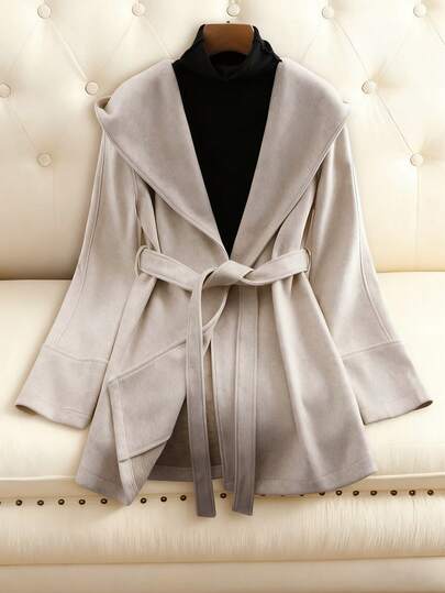 Franclia 法式优雅连帽设计收腰纯色长袖大衣