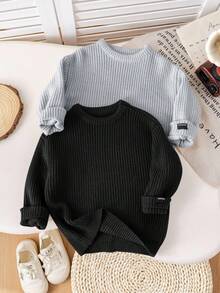 SHEIN 2件装返校季男童多色纹理宽松套头毛衣，适合休闲、居家和学校穿着，秋冬季女童服装 - 黑色 - 查看 8