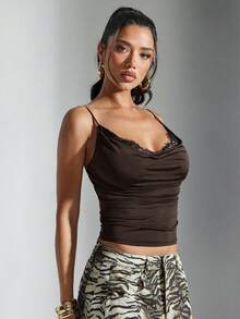 Denimoi Fashionable Sexy Lace Trim Plunging Neckline Camisole - Brown - View 4