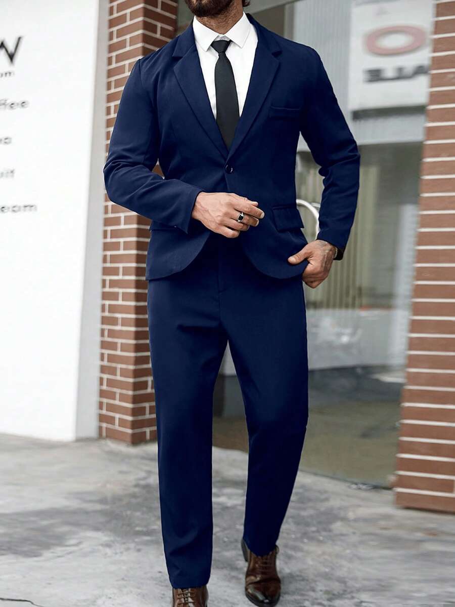 Manfinity Mode Plus Size Men's Solid Color Lapel Neck Long Sleeve Jacket And Pants Business Suit Set, Autumn - Royal Blue - View 1