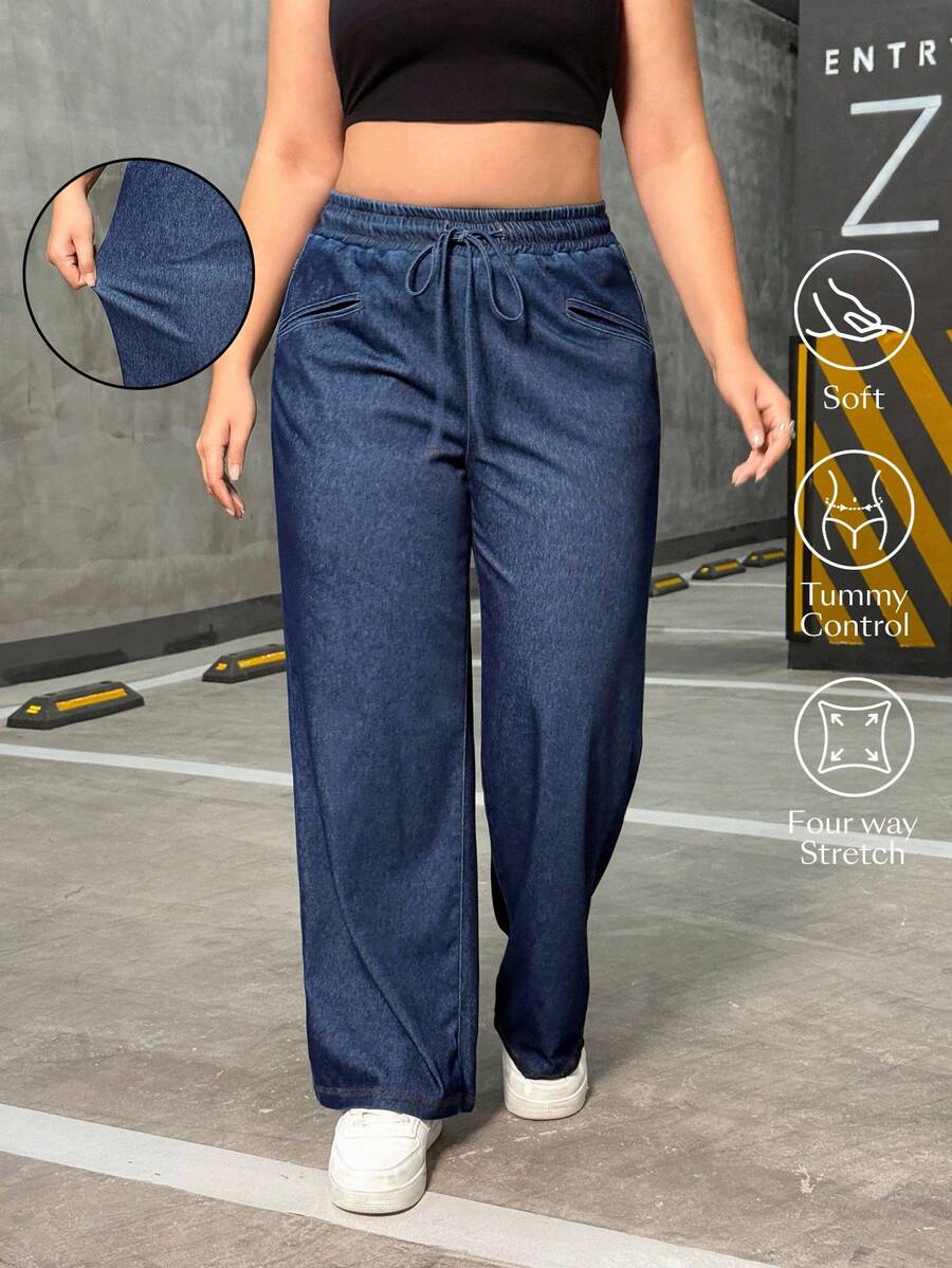 Flexra Celana Jeans Kasual Longgar Kaki Lebar dengan Tali Serut Pinggang untuk Wanita Ukuran Plus - Biru - View 1