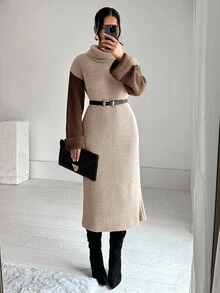 EURMUSE 女式休闲拼色高领针织毛衣裙，秋冬 - 棕色 - 查看 4
