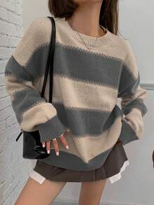 DAZY Striped Loose Fit Long Sleeve Crew Neck Sweater For Women