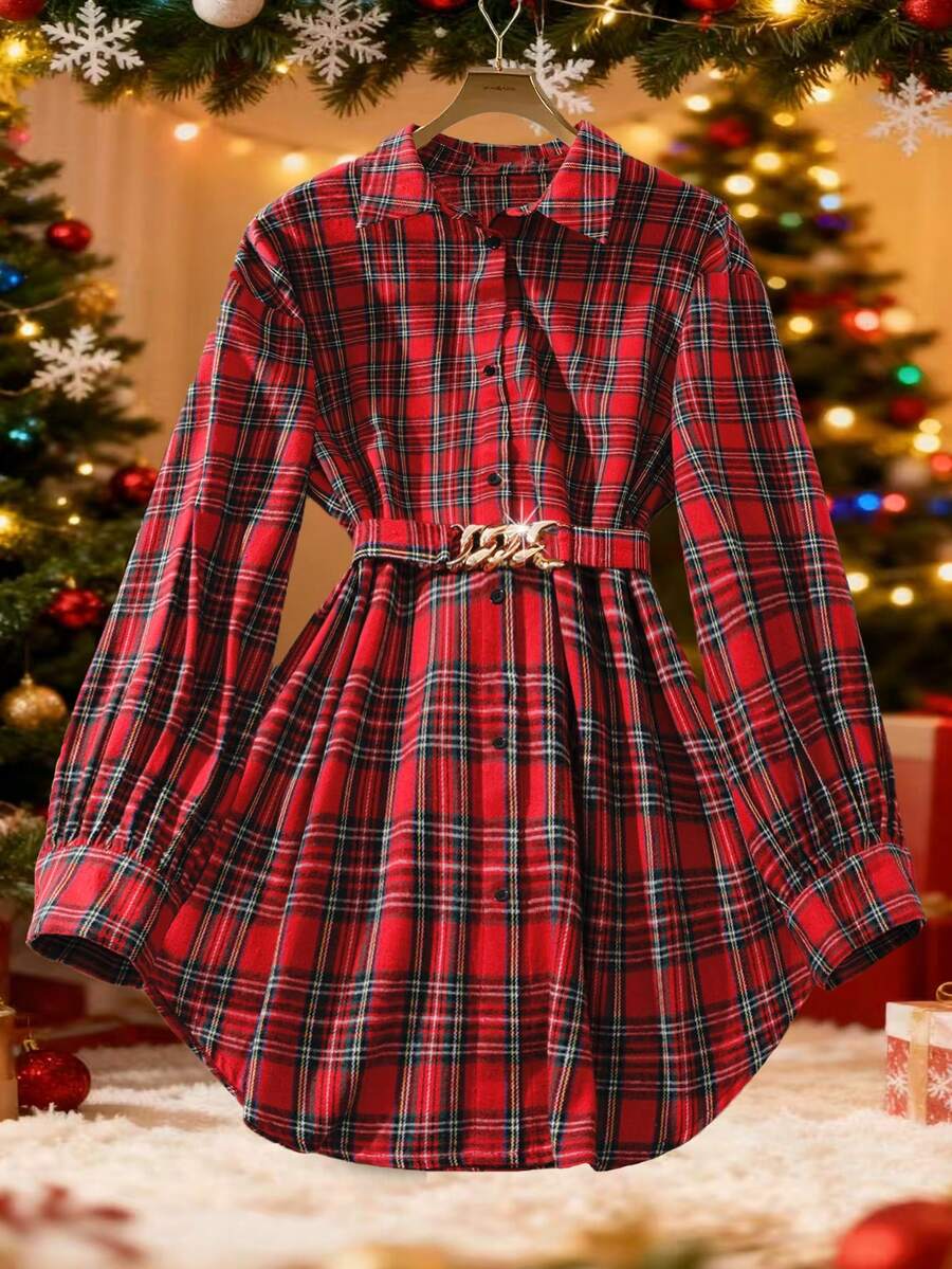 SHEIN LUNE 女士金属装饰长灯笼袖衬衫，优雅时尚，圣诞快乐 - 彩色 - 查看 1