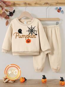 2pcs Baby Boy/Girl Khaki Soft Round Neck Long Sleeve Sweatshirt With Spider Web, Cute Ghost, Pumpkin Embroidery, All-Match Versatile Fashion, Suitable For Casual Wear, Autumn/Winter Halloween Sweatshirt Set Tracksuits Halloween Clothes Pumpkin Baby Outfit Baby Halloween  Fall Baby Outfit Baby Outfit Autumn Halloween Baby Outfit - Khaki - View 6