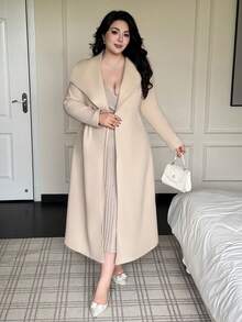 Flirla 大码不对称领厚款花卉图案系带长袖外套 米色 - 杏色 - 查看 2