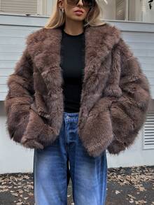 Elyressa Damen Lässige Jacke mit Kunstfell-Kragen, Langarm, Winter