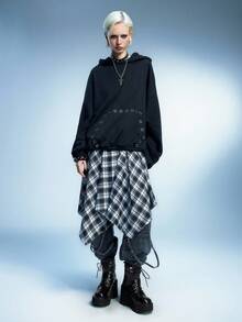 Sugerpunk 女士性感复古厚底粗跟踝靴，哥特式金属方形D形环铆钉系带踝靴 - 黑色 - 查看 2