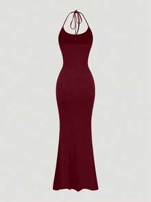 Sweetra 1 件女式纯色美人鱼下摆长款优雅挂脖连衣裙超长款女装 - 玫瑰紅 - 查看 2