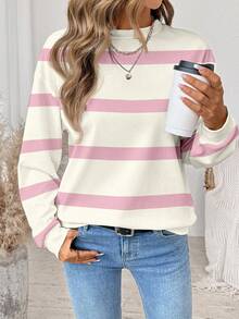 SHEIN LUNE Casual Minimalist Apricot Pink Striped Print Pattern Round Neck Loose Fit Women Sweatshirt, Suitable For Autumn/Winter,Fall,Fall Clothes For Women,Casual - Multicolor - View 5