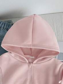 SHEIN 少女宽松休闲简约舒适日常街头风连帽宽松修身口袋拉链短款长袖卫衣外套，白色返校季舒适秋冬款式，适合秋冬季日常穿着、街头风、居家圣诞节粉色卫衣新年 - 粉色 - 查看 4