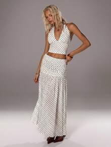 TRNVIE 女士波点印花深V领露脐吊带上衣和褶皱半裙性感两件套 - 杏色 - 查看 3