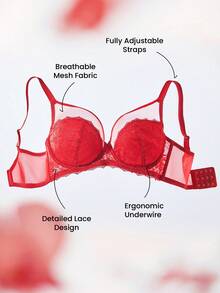 LUVLETTE 圣诞节和新年女士内衣休闲曲线透明全包覆支撑透气钢圈性感无衬垫显瘦蕾丝优雅网纱红色文胸新娘内衣