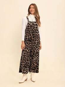 Coeurva Women's Casual Leopard Print Pocket Loose Jumpsuit Cheetah Print - Khaki - View 5