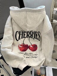 SHEIN Sudadera con capucha casual con forro térmico, con estampado de eslogan y cerezas, para otoño/invierno