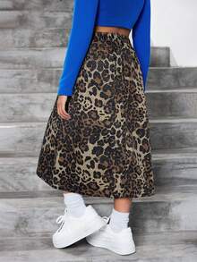 Tween Girls Casual Frayed Hem Asymmetric Waist Denim Long Skirt With Leopard Print, Soft Washed, Comfortable, Fashionable, Suitable For Fall& Winter,For Girls Daily Clothes And Streetwear Outfits, Back To School Homecoming Outfits,Christmas Clothes Halloween Outfits,Suitable For School, Home And Travel