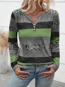 EMERY ROSE Camiseta de manga larga con cuello en V y botones a rayas, estampado aleatorio, camisetas gráficas de otoño para mujer, tops para atuendos de primavera