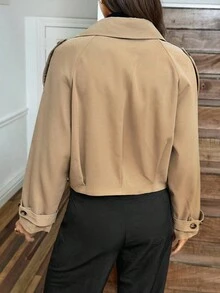 SHEIN LUNE 女士卡其色风衣外套，V领翻领，腰部褶裥设计，优雅教师风，适合感恩节、万圣节、秋冬季节穿着，时尚街头休闲外套 - 卡其色 - 查看 2