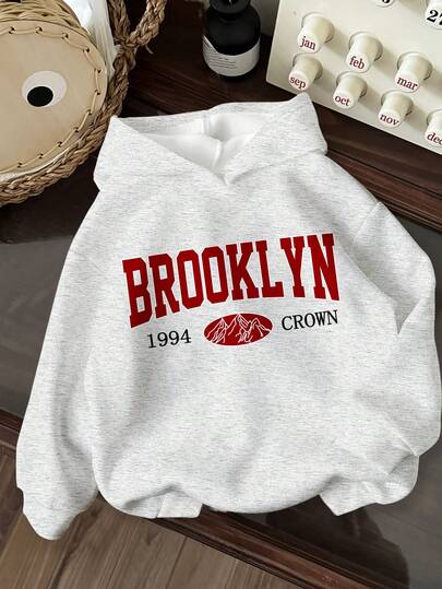 SHEIN Happikins Brooklyn, Vintage Versatile Cute College Style Sporty Letter Print, Baby Girl Casual Minimalist Loose Comfortable Soft Knit Sweatshirt, Suitable For Autumn/Winter