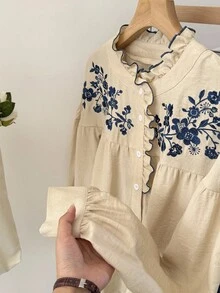 Muvela Camicia a maniche lunghe da donna con rouches e ricamo floreale sulla parte anteriore con bottoni - Beige - Visualizzare 6