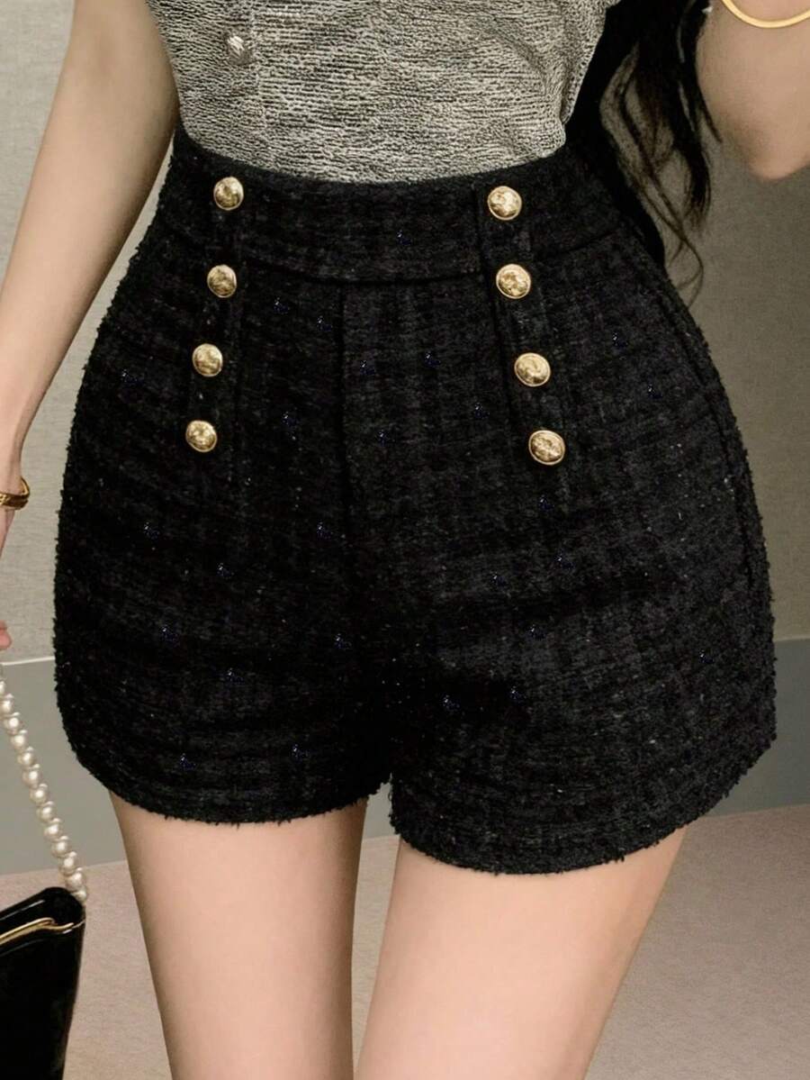FRIFUL 女士时尚优雅纽扣装饰短裤，适合通勤和嘉年华穿着 - 黑色 - 查看 1