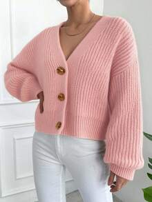 EURMUSE 女士纯色落肩长袖单排扣休闲宽松开衫 - 淺粉色 - 查看 3