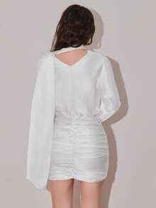 Poshira Women's Solid Color Ruched Neck Long Sleeve Pleated Elegant Mini Dress - White - View 2
